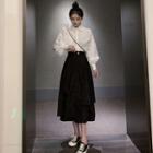 Lantern-sleeve Shirt / Midi Layered Skirt