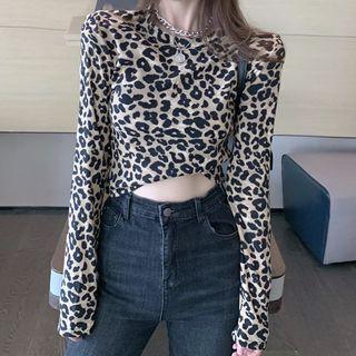 Long-sleeve Leopard Print T-shirt Brown - One Size