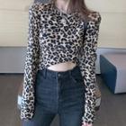 Long-sleeve Leopard Print T-shirt Brown - One Size