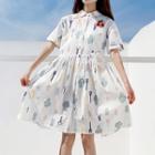 Set: Short-sleeve All-over Print A-line Shirtdress + Cherry Brooch With Cherry Brooch - White - One Size