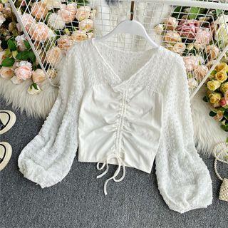 V-neck Drawstring Puff Long-sleeve Blouse