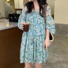 Puff-sleeve Floral Print A-line Dress Floral - White & Blue - One Size