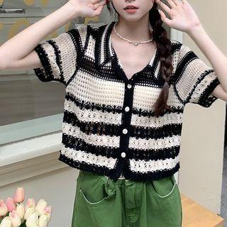 Short-sleeve Striped Polo Pointelle Knit Top Black - One Size