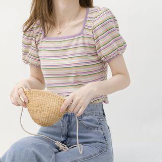 Striped Puff-sleeve Square-neck Cropped T-shirt