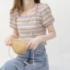 Striped Puff-sleeve Square-neck Cropped T-shirt