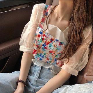 Printed Vest / Elbow-sleeve Mesh Top