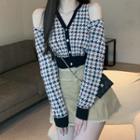 Cold-shoulder Houndstooth Cardigan / Pleated Mini A-line Skirt