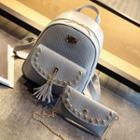 Set: Tasseled Studded Faux Leather Backpack + Shoulder Bag
