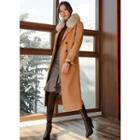 Double-breasted Slit-cuff Coat With Sash Beige - One Size