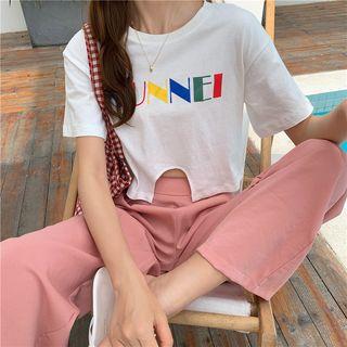 Lettering Asymmetric Hem T-shirt / High-waist Wide-leg Pants