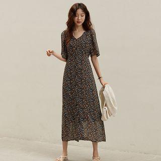 Button-up Maxi Floral Chiffon Dress