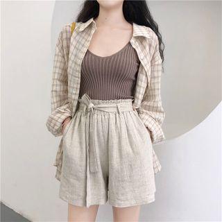 Plaid Shirt / High-waist Wide-leg Shorts / Plain Camisole Top