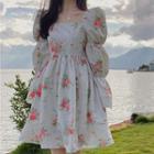 Lantern-sleeve Flower Print A-line Dress White - One Size