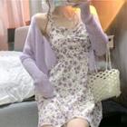 Spaghetti Strap Flower Print Mini A-line Dress / Ribbed Knit Cardigan / Set