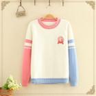 Color Block Rabbit Printed Long-sleeve Knitted Sweater