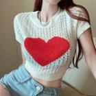 Short-sleeve Heart Print Pointelle Knit Crop Top