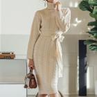 Turtleneck Long-sleeve Knit Dress Beige & Almond - One Size