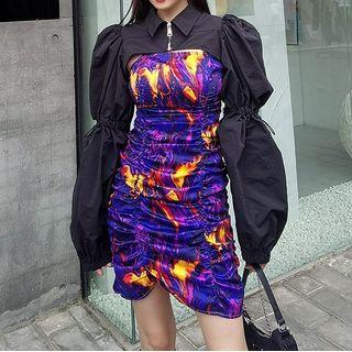 Cropped Shirt / Spaghetti Strap Printed Mini Sheath Dress