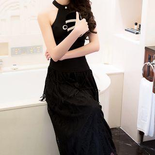 Set: Halter Top + Lace Maxi Skirt Black - One Size