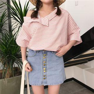 Striped Elbow-sleeve Mock Two-piece Top