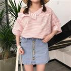 Striped Elbow-sleeve Mock Two-piece Top
