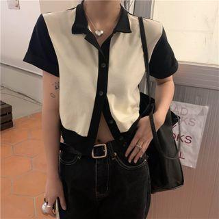 Short-sleeve Button-up Two-tone Polo-shirt As Figure - One Size