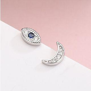 925 Sterling Silver Non-matching Rhinestone Moon & Eye Earring Es847 - 1 Pair - White Gold - One Size