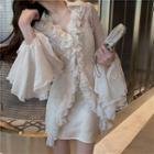 Long-sleeve Lace Blouse / Spaghetti Strap Mini A-line Dress