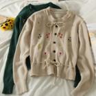 Tie-accent Embroidered Crew-neck Cardigan