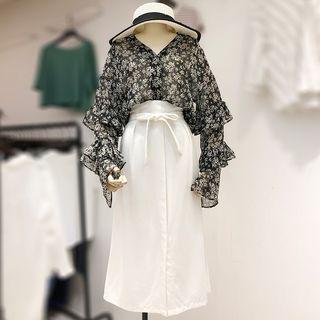 Set: V-neck Floral Long-sleeve Top + High Waist Midi Skirt