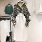 Set: V-neck Floral Long-sleeve Top + High Waist Midi Skirt