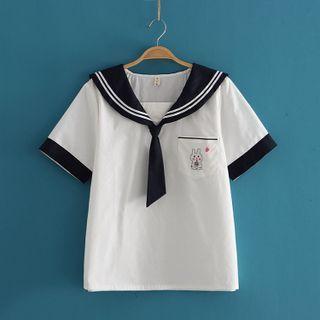 Collar Rabbit Embroidered Short Sleeve Shirt