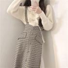 Long-sleeve Bow Front Knit Top / Plaid Midi A-line Suspender Skirt