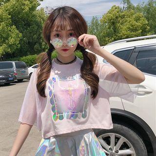 Elbow-sleeve Mesh Panel Cropped T-shirt
