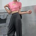 Short-sleeve Heart Cutout Crop T-shirt / Distressed Wide Leg Pants