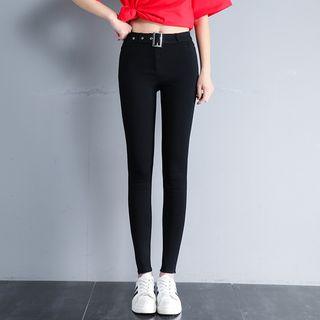 Buckled Belt Frayed Hem Skinny Pants