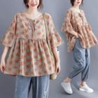 Leaf Print Elbow-sleeve Blouse As Shown In Figure - One Size