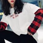 Mock Two-piece Long-sleeve Plaid Lettering T-shirt