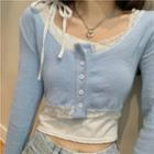 Asymmetrical Lace-trim Cropped Cardigan Light Blue - One Size