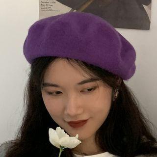 Plain Beret Hat Purple - One Size