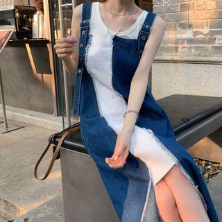 Paneled Distressed Denim Overall Dress Denim Blue & White - One Size