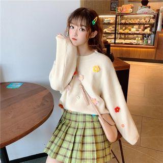 Knitted Flower Accent Sweater / Plaid Skort