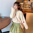 Knitted Flower Accent Sweater / Plaid Skort