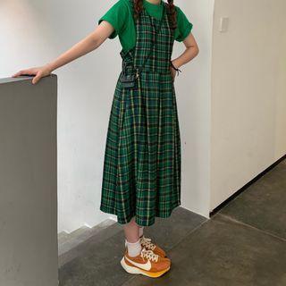 Plain Short-sleeve Top/ Plaid Jumper Dress (short/ Long)