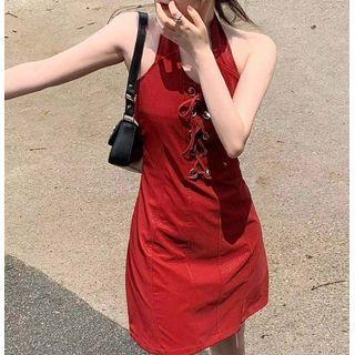 Halter-neck Lace Up Mini A-line Dress Red - One Size