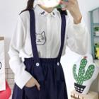 Cat Embroidered Shirt / Midi A-line Suspender Skirt