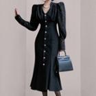 Long-sleeve V-neck Lace Panel Mermaid Dress