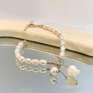 Flower Freshwater Pearl Alloy Bracelet 1 Pc - Gold - One Size