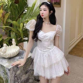 Puff-sleeve Dotted Mesh Tiered Mini A-line Dress