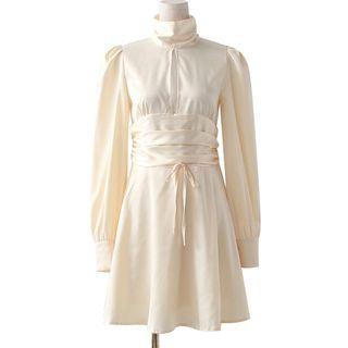 Lantern-sleeve Mock-neck Satin Mini A-line Dress